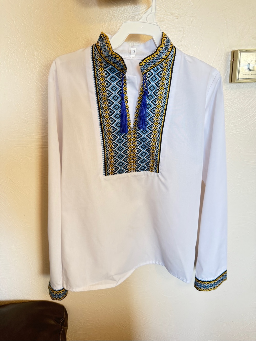Boys Traditional Ukrainian Vyshyvanka White Embroidered Tunic w/Blue&Gold 8-10yo